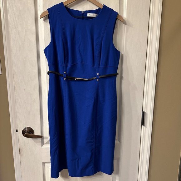 Calvin Klein Dresses & Skirts - Calvin Klein | 12 Blue Belted Fitted Sheath Dress Career Ponte Knee Length
